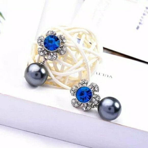 Blue Crystal Flower Pearl Vintage Silver Dangle Statement Earrings - Picture 9 of 12
